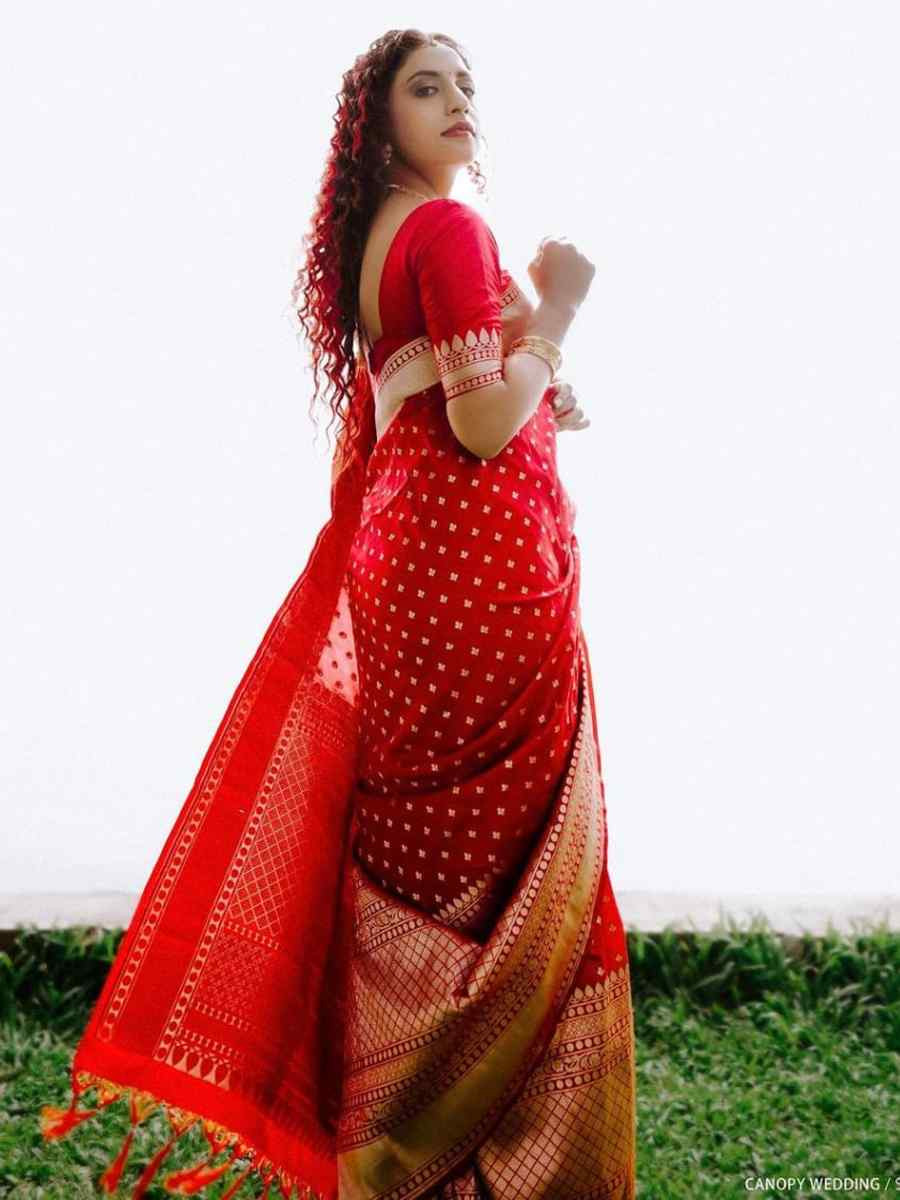 Red Banarasi Soft Silk Jacquard Festival Wear Fancy Heavy Border Saree