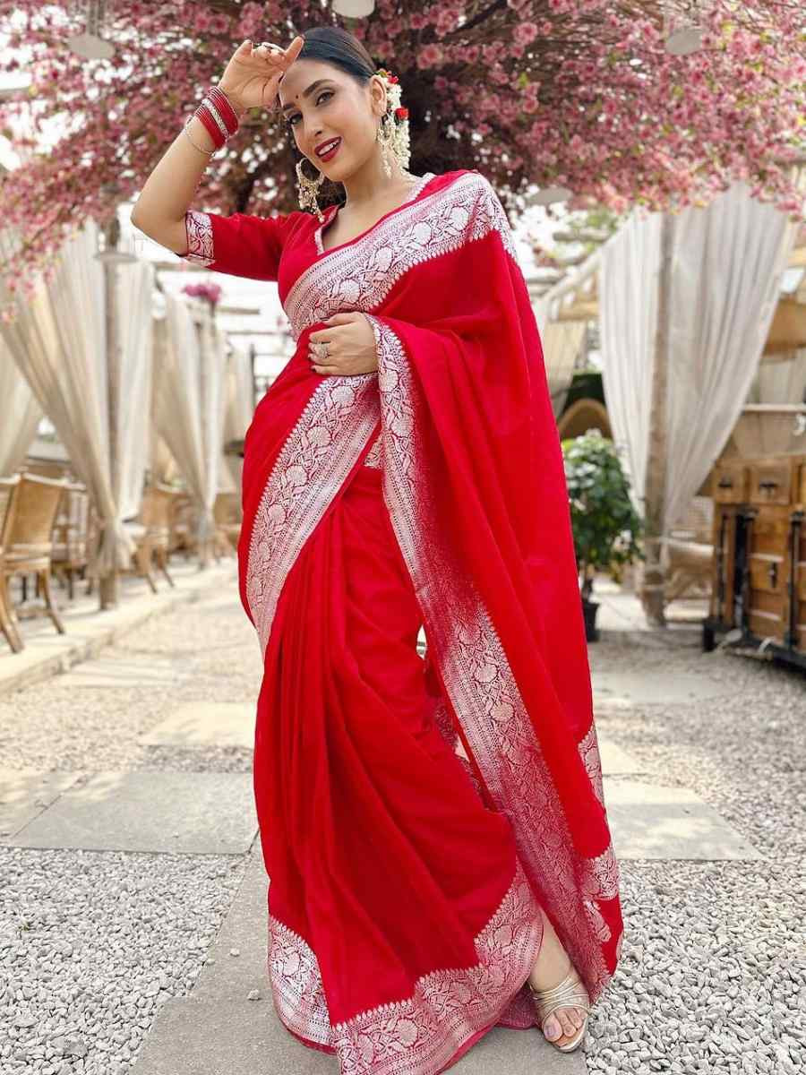 Red Banarasi Soft Silk Jacquard Festival Wear Fancy Heavy Border Saree