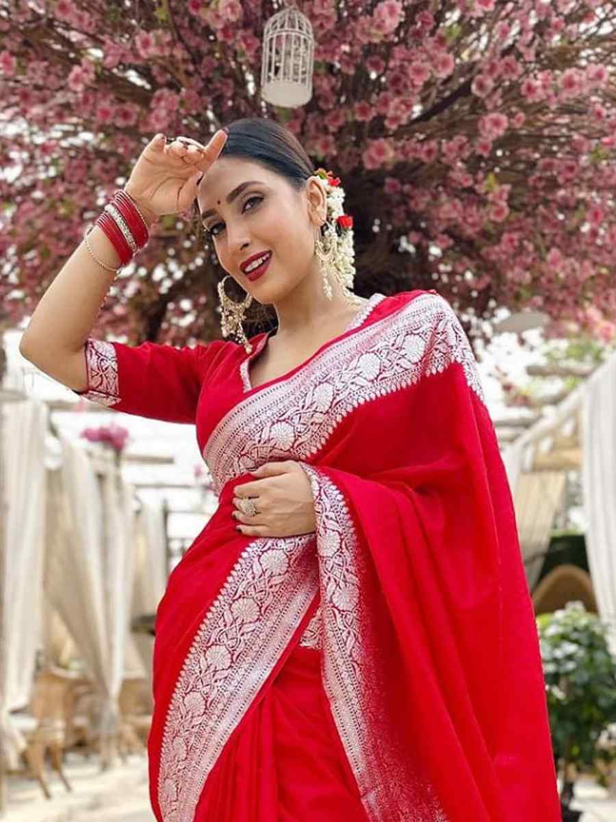 Red Banarasi Soft Silk Jacquard Festival Wear Fancy Heavy Border Saree