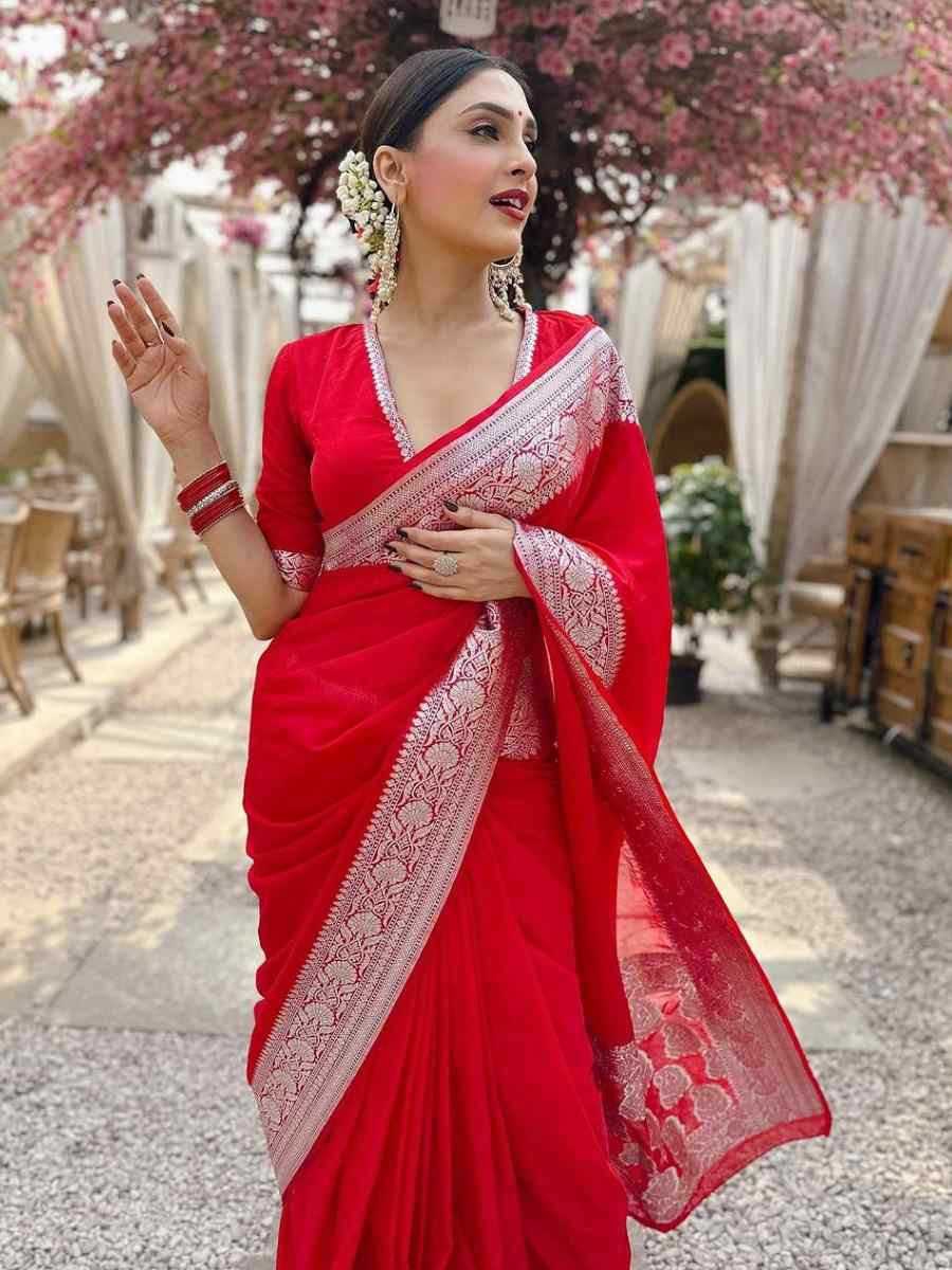 Red Banarasi Soft Silk Jacquard Festival Wear Fancy Heavy Border Saree