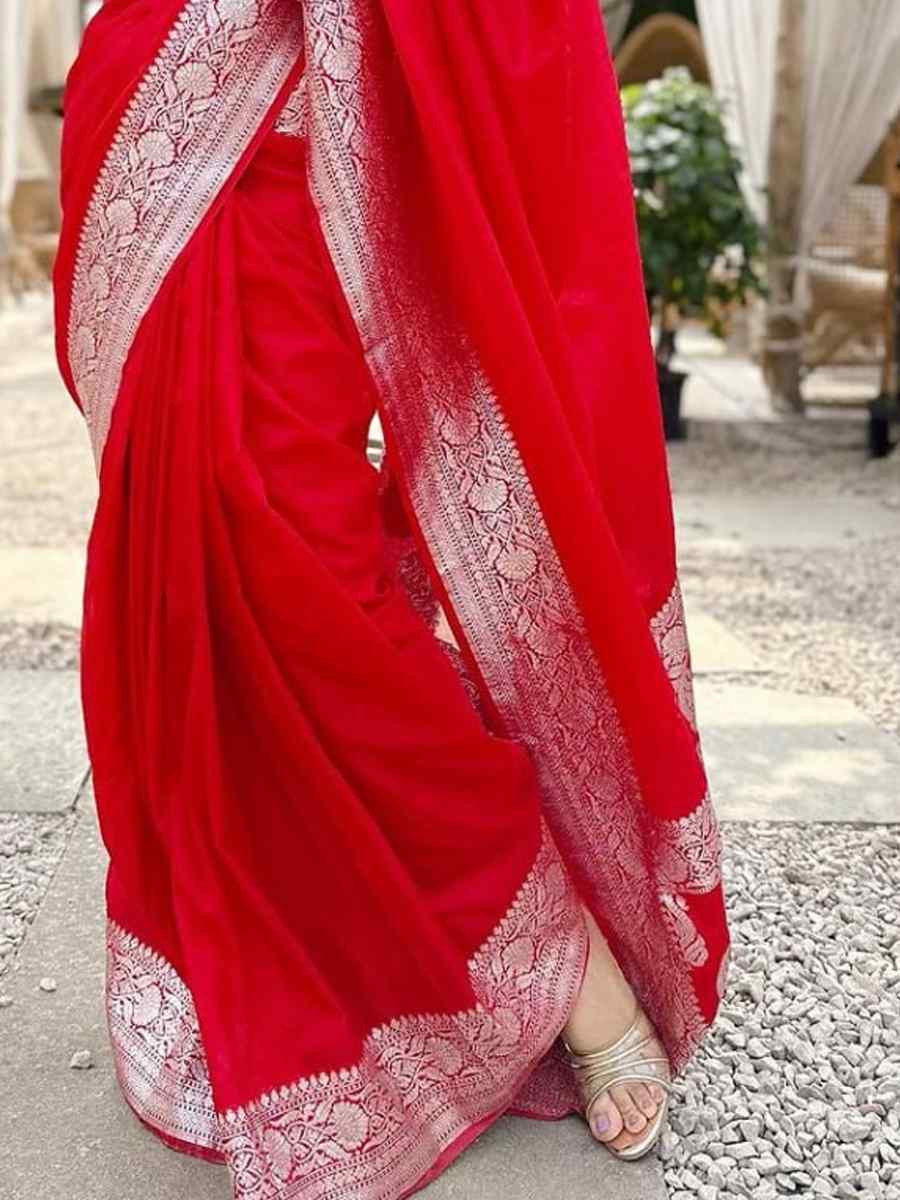 Red Banarasi Soft Silk Jacquard Festival Wear Fancy Heavy Border Saree