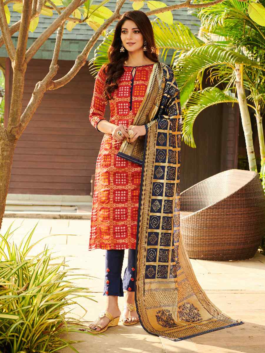 Red Bandhani Silk Blend Handwoven Wedding Festival Pant Salwar Kameez