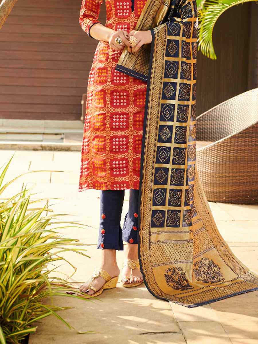 Red Bandhani Silk Blend Handwoven Wedding Festival Pant Salwar Kameez