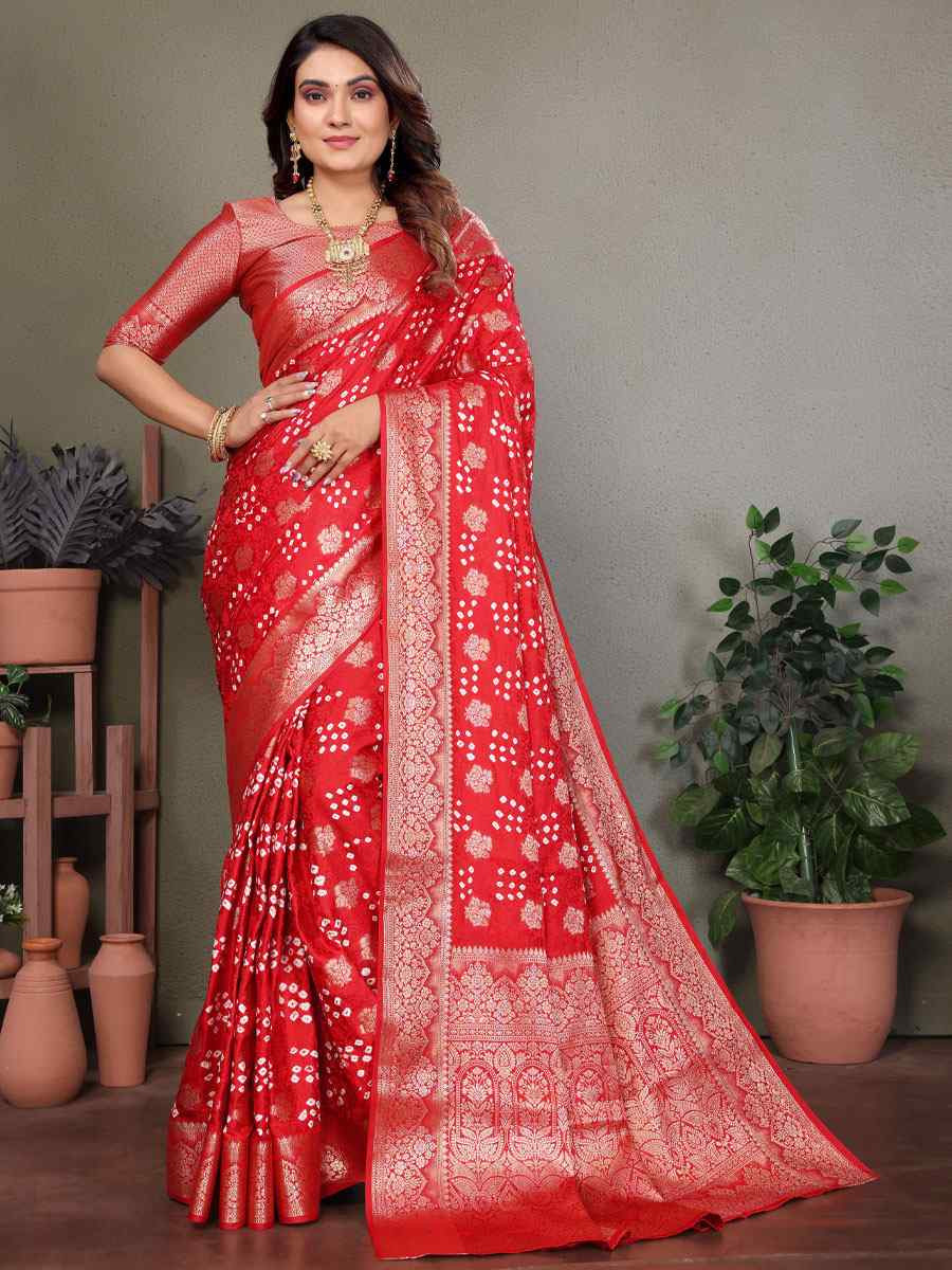 Red Bandhej Silk Handwoven Traditional Bridal Reception Festival Wedding Fancy Heavy Border Saree