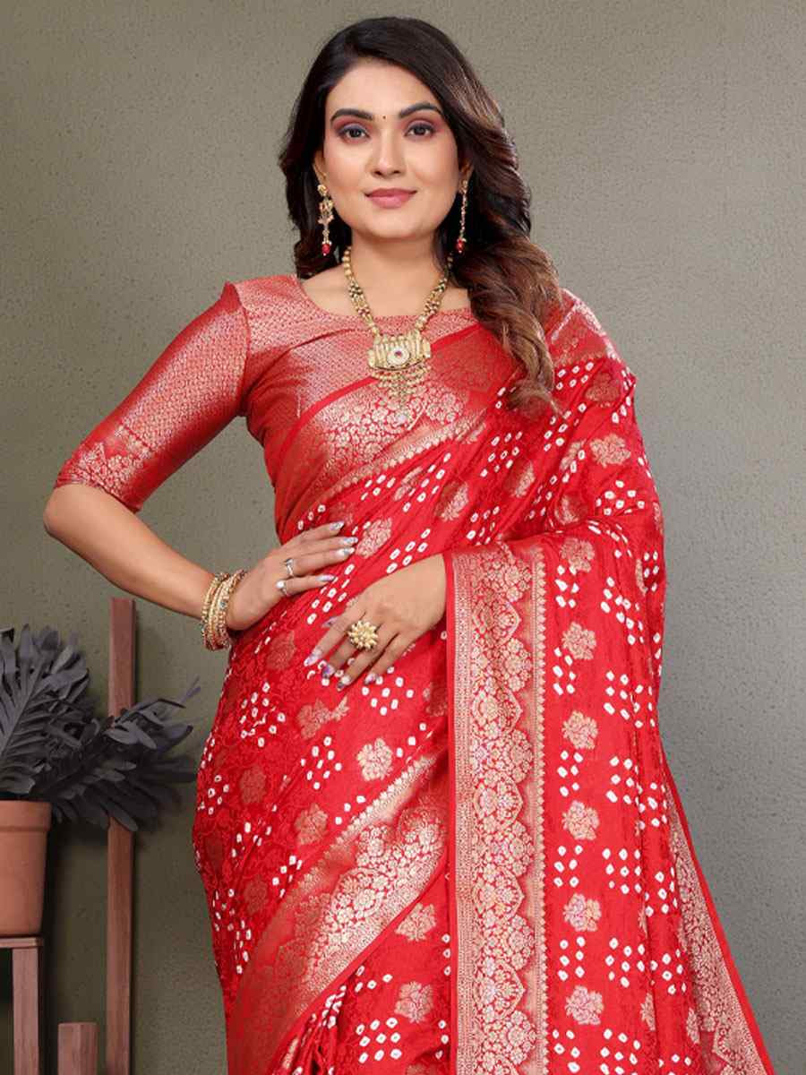 Red Bandhej Silk Handwoven Traditional Bridal Reception Festival Wedding Fancy Heavy Border Saree