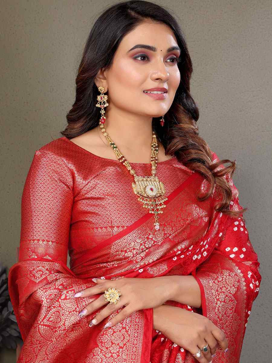 Red Bandhej Silk Handwoven Traditional Bridal Reception Festival Wedding Fancy Heavy Border Saree