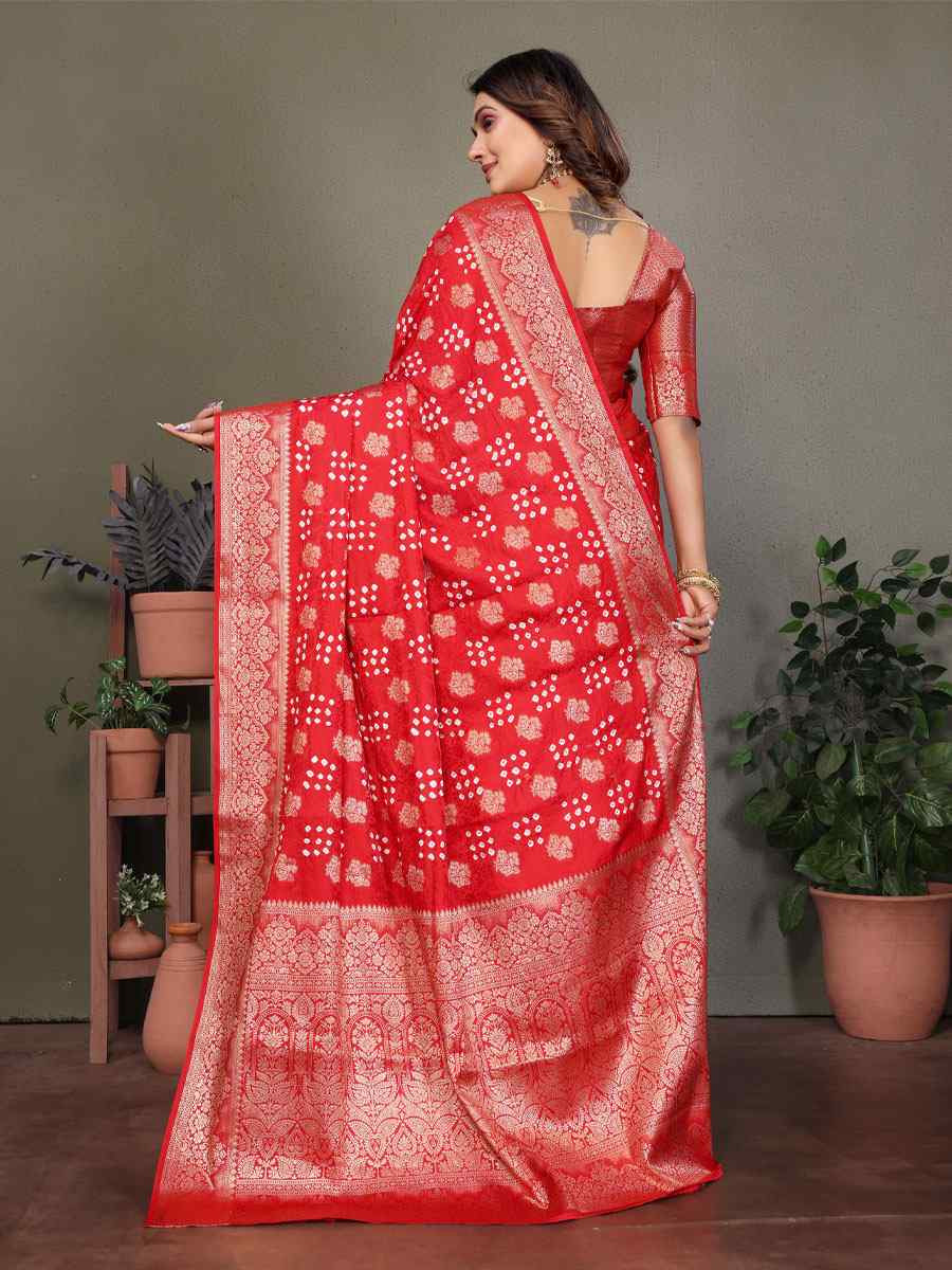 Red Bandhej Silk Handwoven Traditional Bridal Reception Festival Wedding Fancy Heavy Border Saree