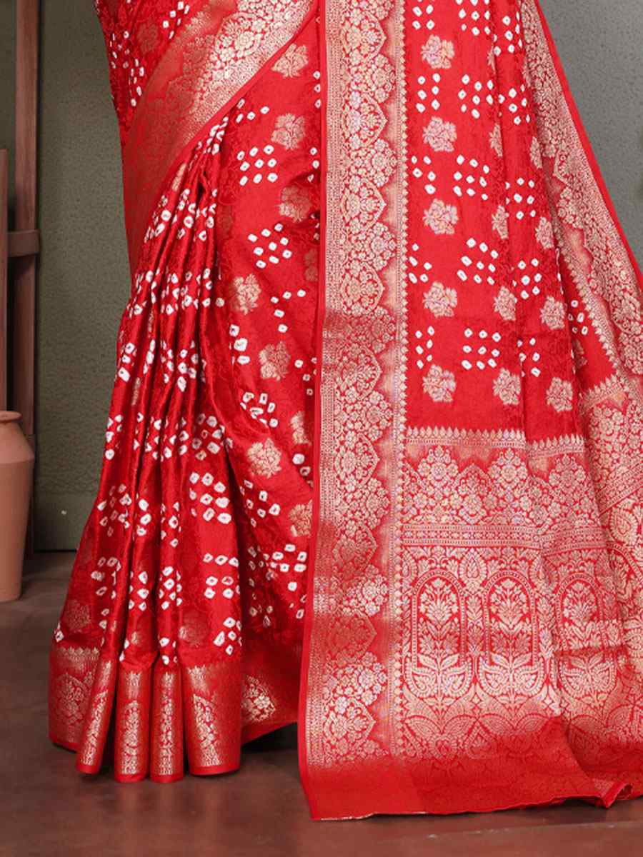 Red Bandhej Silk Handwoven Traditional Bridal Reception Festival Wedding Fancy Heavy Border Saree