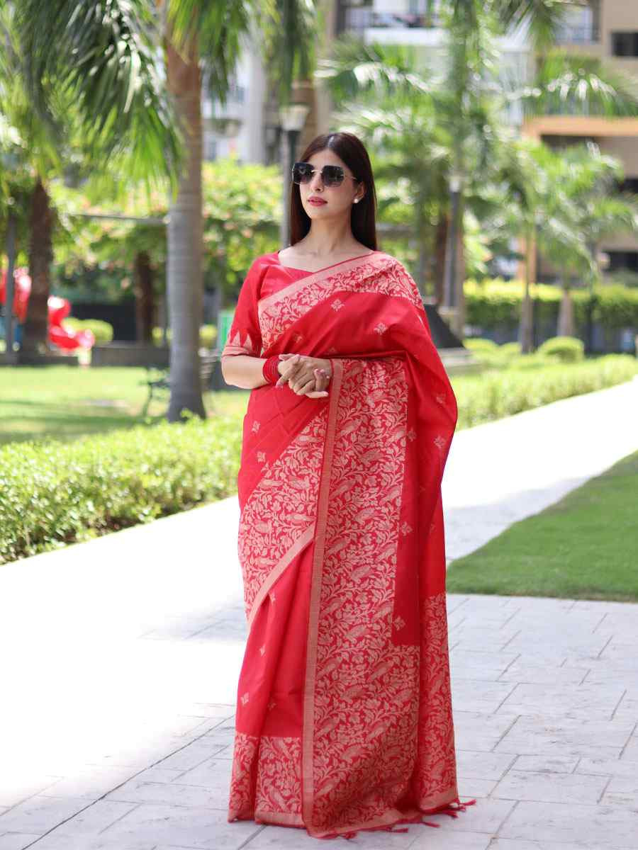 Red Banglori Handloom Raw Silk Handwoven Casual Reception Festival Wedding Fancy Classic Style Sarees