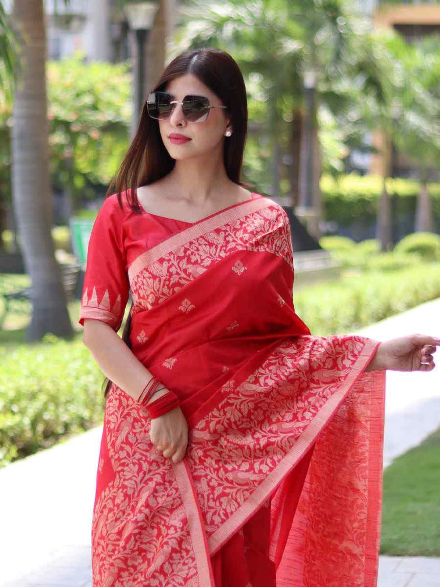 Red Banglori Handloom Raw Silk Handwoven Casual Reception Festival Wedding Fancy Classic Style Sarees