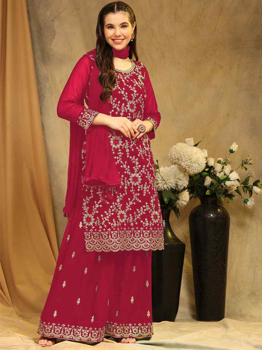Red Blooming Georgette Embroidered Festival Wedding Palazzo Pant Salwar Kameez