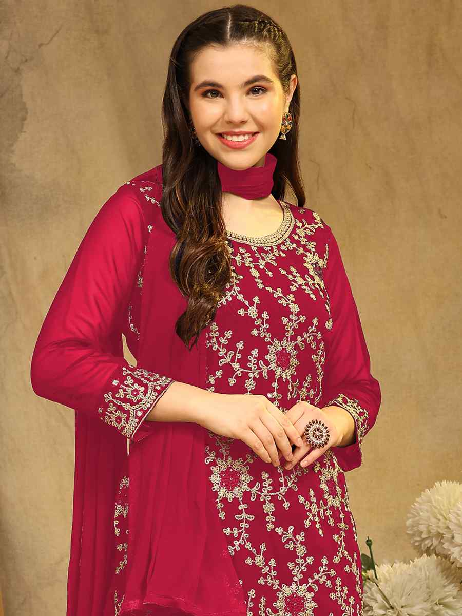 Red Blooming Georgette Embroidered Festival Wedding Palazzo Pant Salwar Kameez