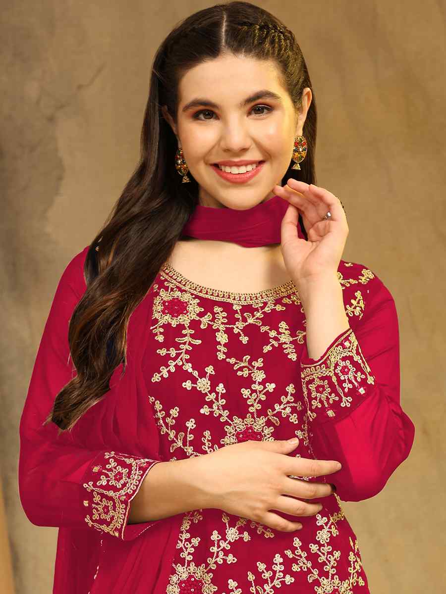 Red Blooming Georgette Embroidered Festival Wedding Palazzo Pant Salwar Kameez