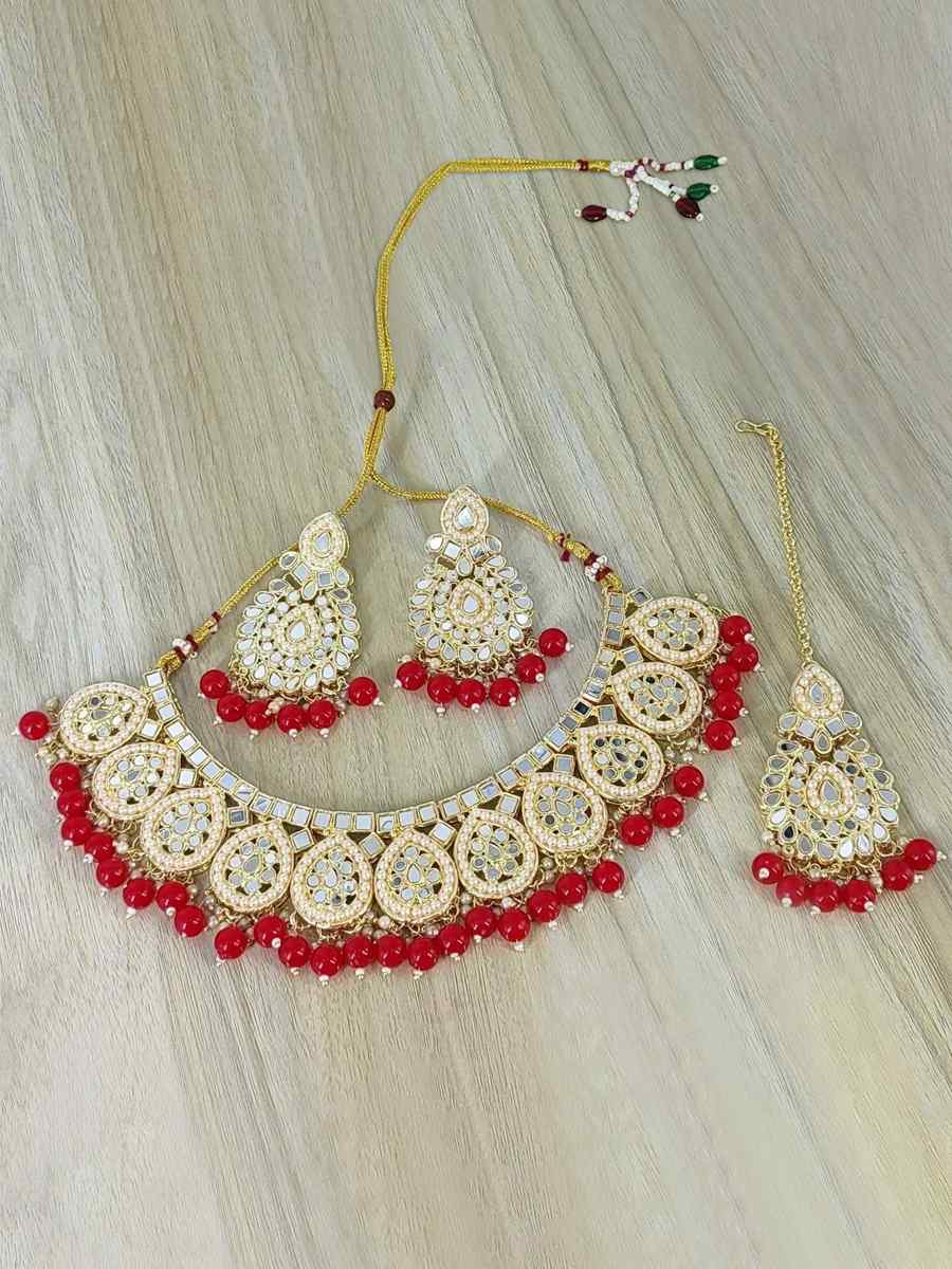 Red Brass Bridal Wear Kundan Necklace