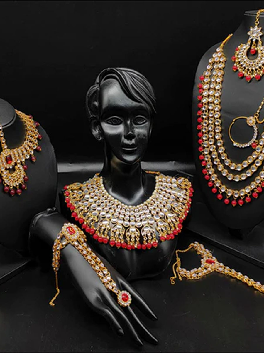 Red Brass Bridal Wear Kundan Necklace