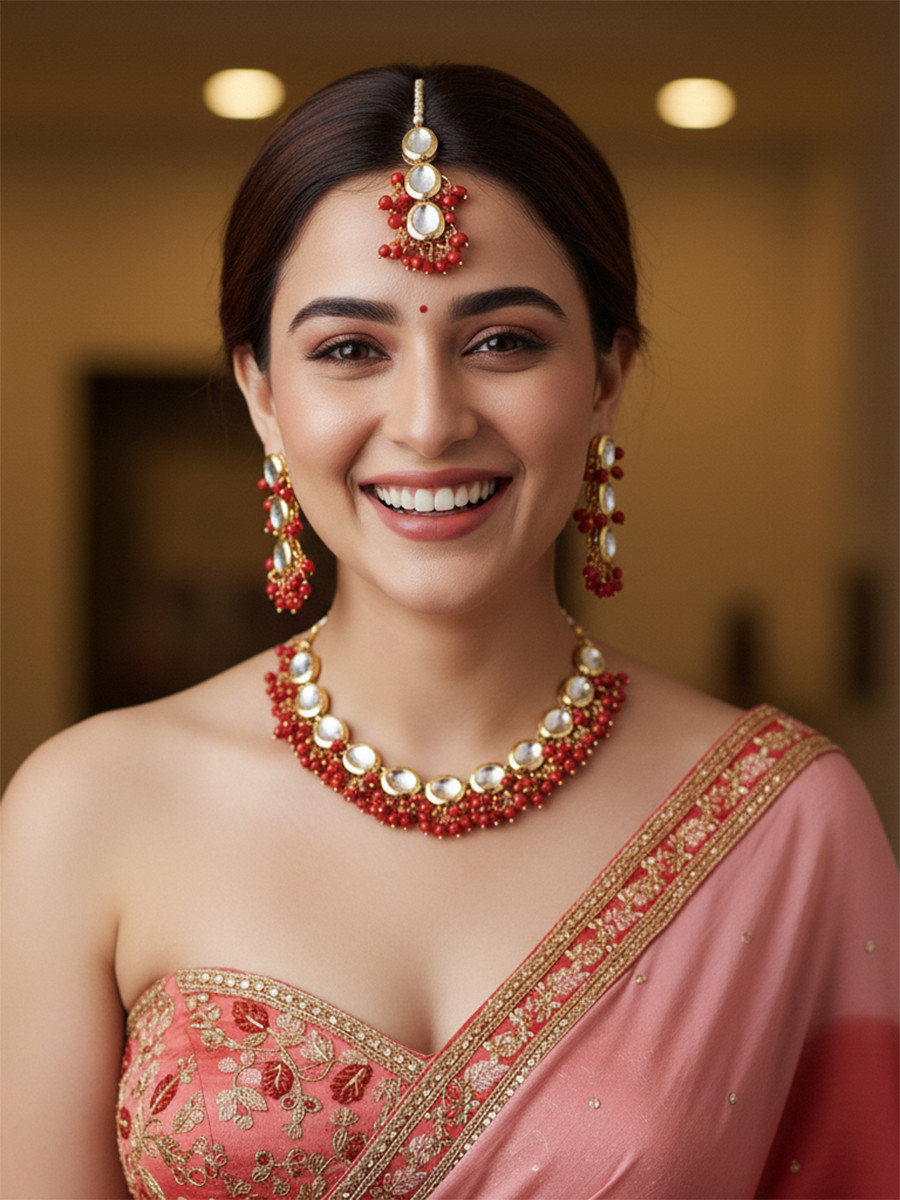 Red Brass Wedding Party Festival Wear Kundan Necklace