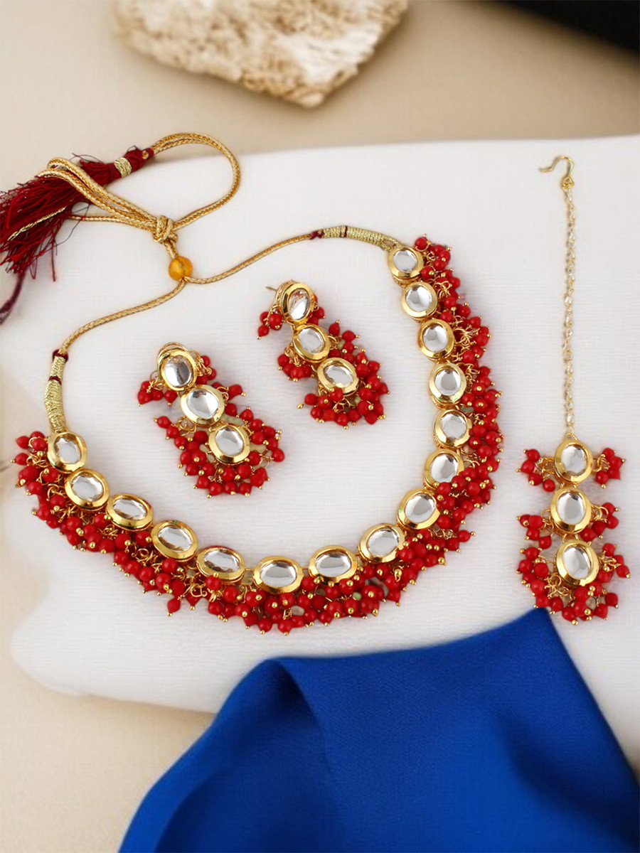 Red Brass Wedding Party Festival Wear Kundan Necklace