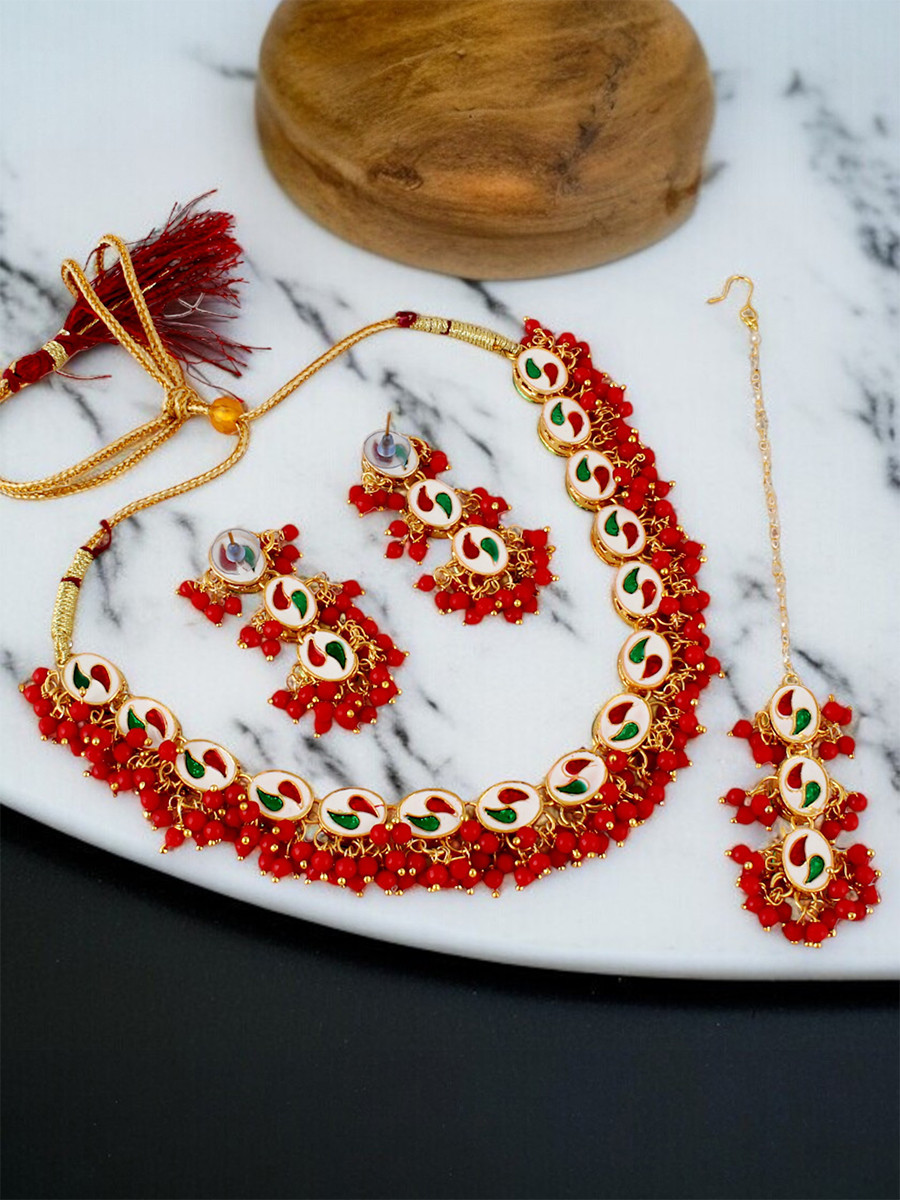 Red Brass Wedding Party Festival Wear Kundan Necklace