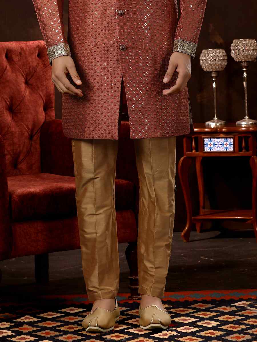 Red Brocade Woven Wedding Party Sherwani