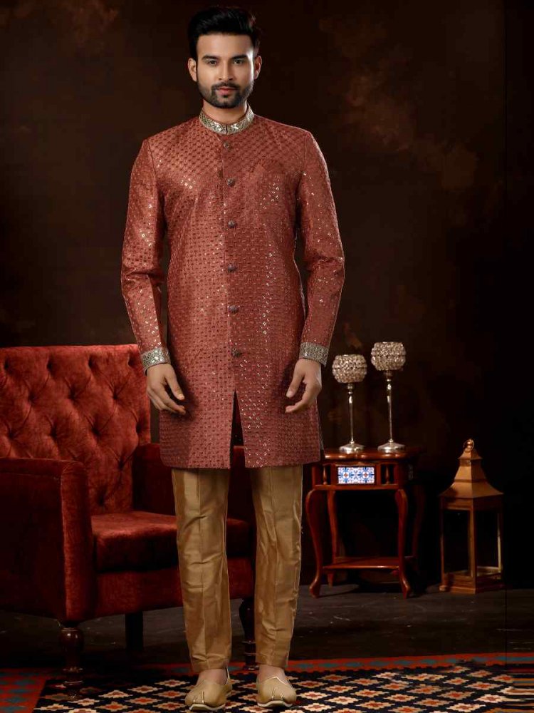 Red Brocade Woven Wedding Party Sherwani