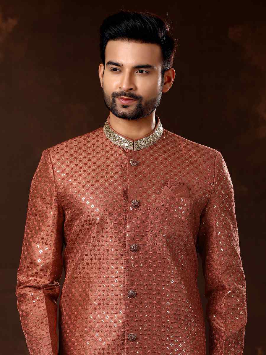 Red Brocade Woven Wedding Party Sherwani