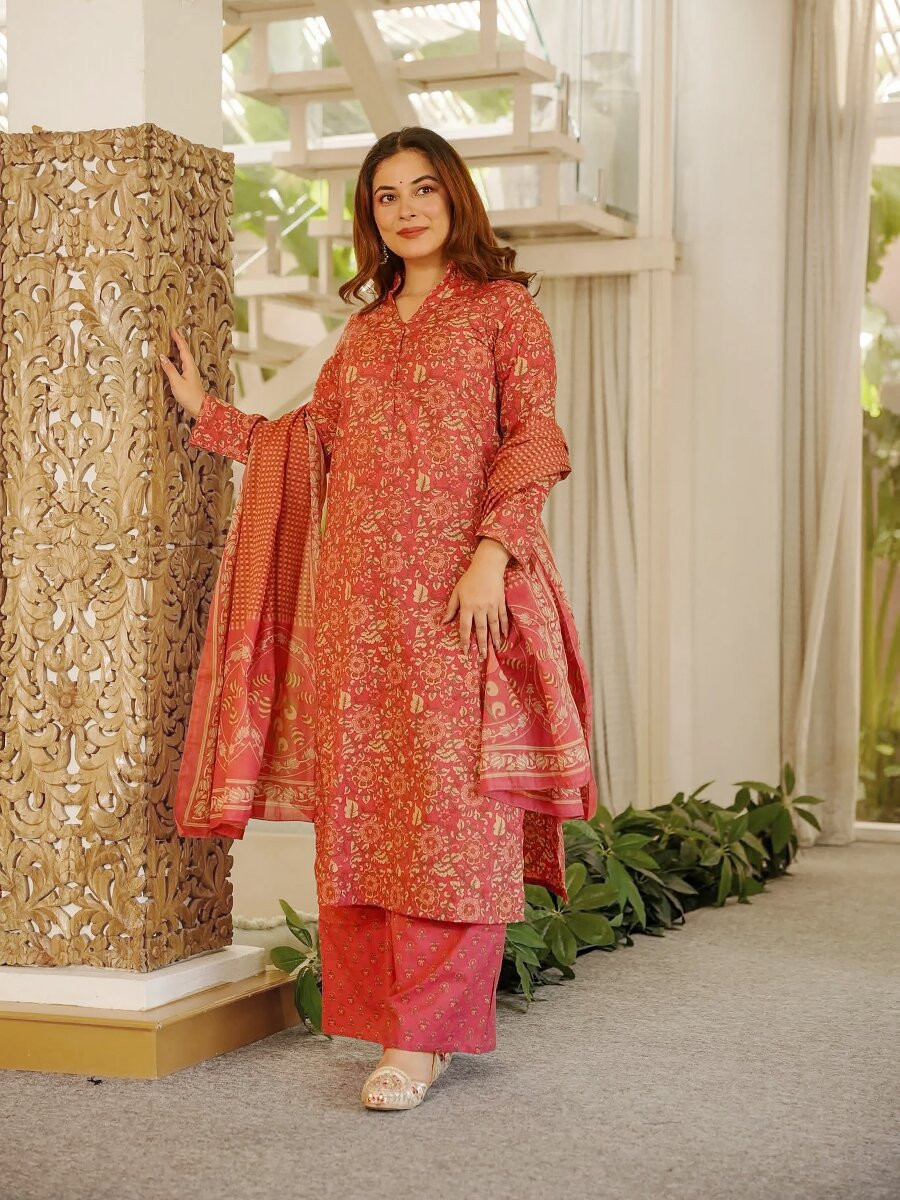 Red Cambric cottan Printed Wedding Party Festival Casual Ready Palazzo Pant Salwar Kameez