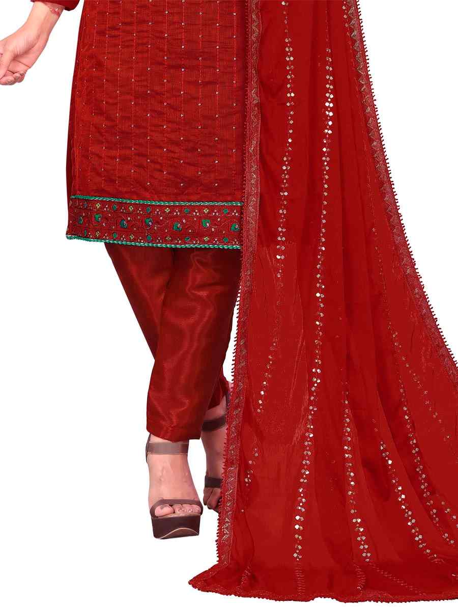 Red Chanderi Cotton Embroidered Festival Casual Pant Salwar Kameez
