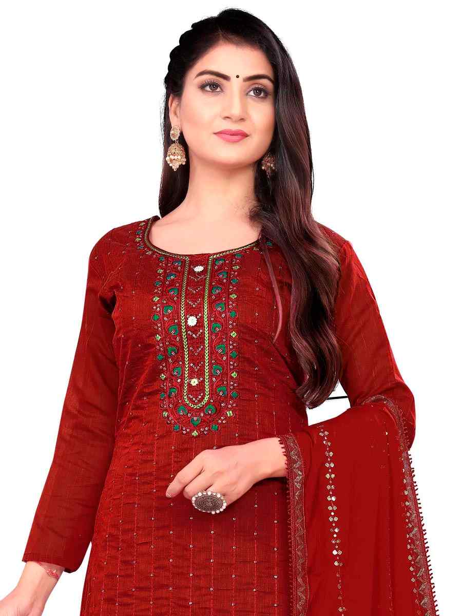 Red Chanderi Cotton Embroidered Festival Casual Pant Salwar Kameez