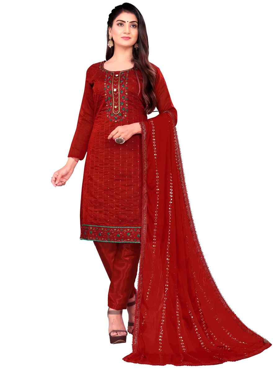Red Chanderi Cotton Embroidered Festival Casual Pant Salwar Kameez