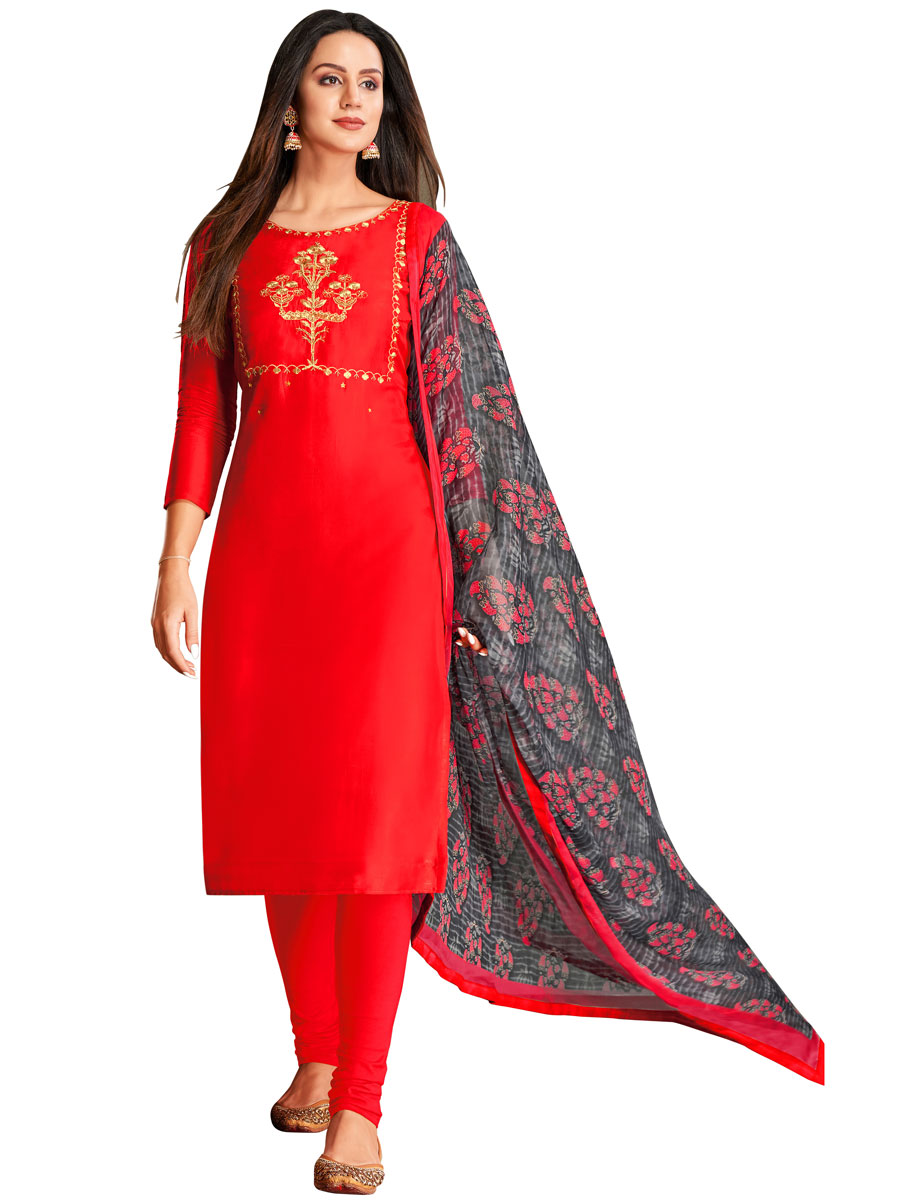 Red Chanderi Cotton Embroidered Party Churidar Pant Kameez