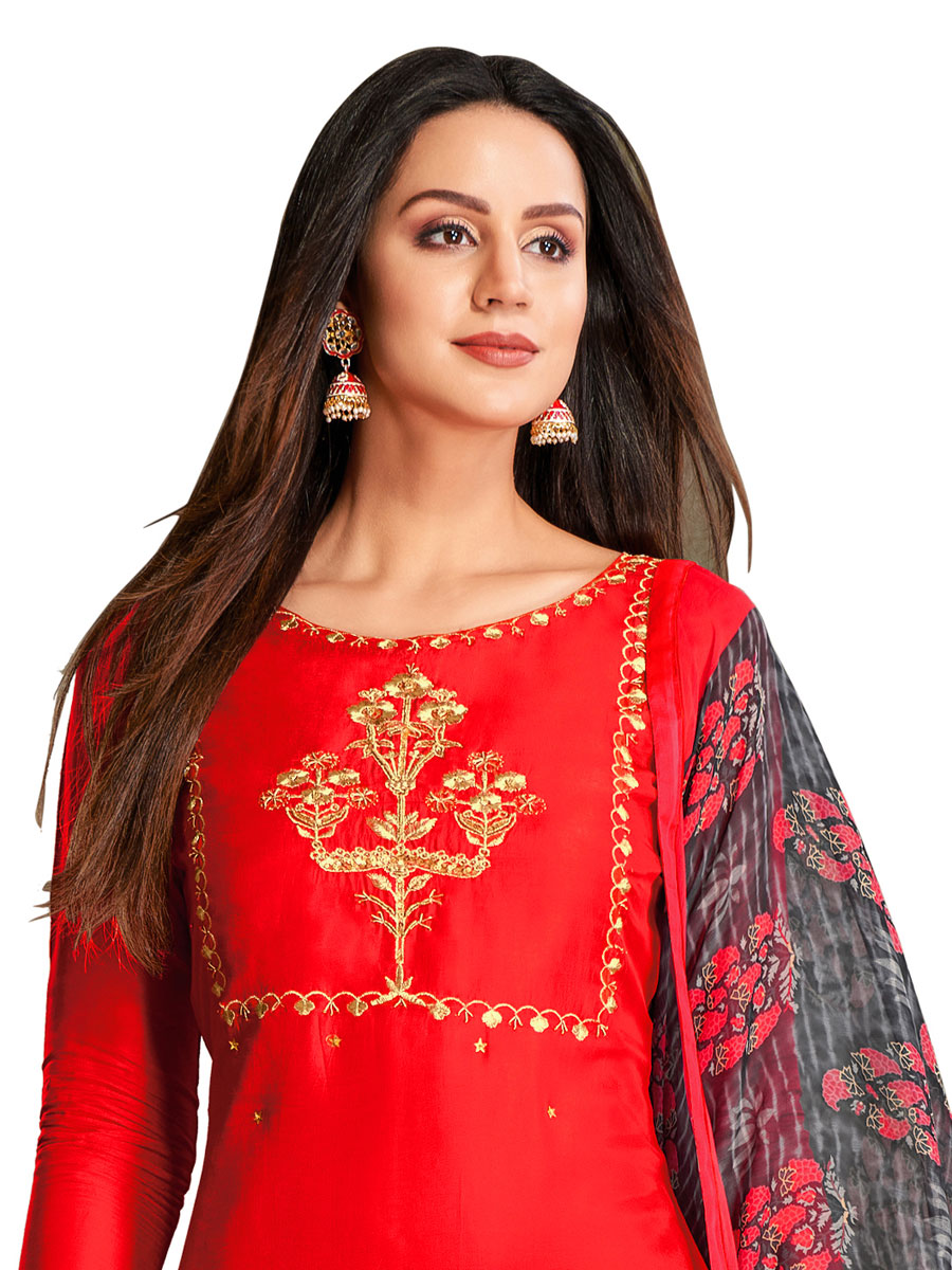 Red Chanderi Cotton Embroidered Party Churidar Pant Kameez