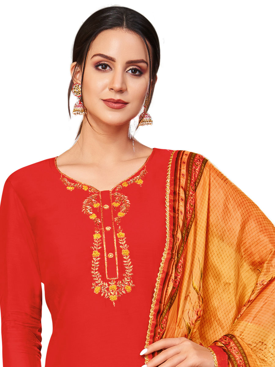 Red Chanderi Cotton Embroidered Party Churidar Pant Kameez