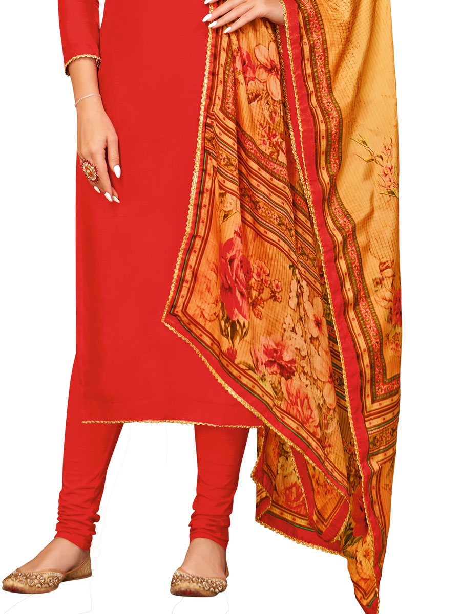 Red Chanderi Cotton Embroidered Party Churidar Pant Kameez