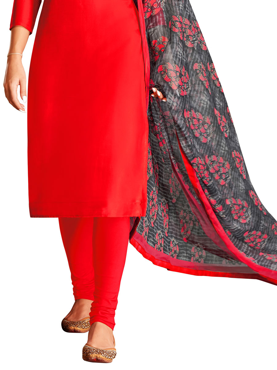 Red Chanderi Cotton Embroidered Party Churidar Pant Kameez