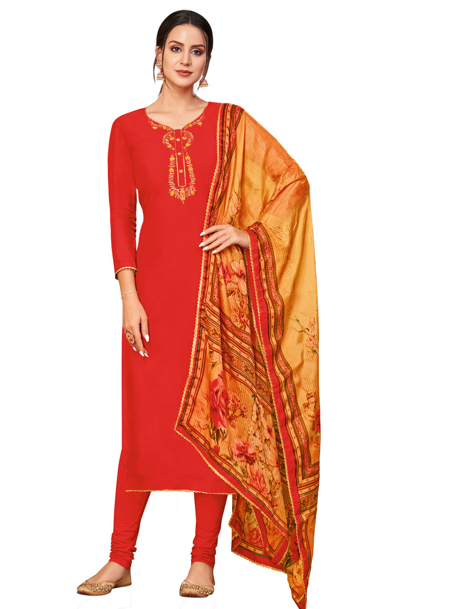 Red Chanderi Cotton Embroidered Party Churidar Pant Kameez