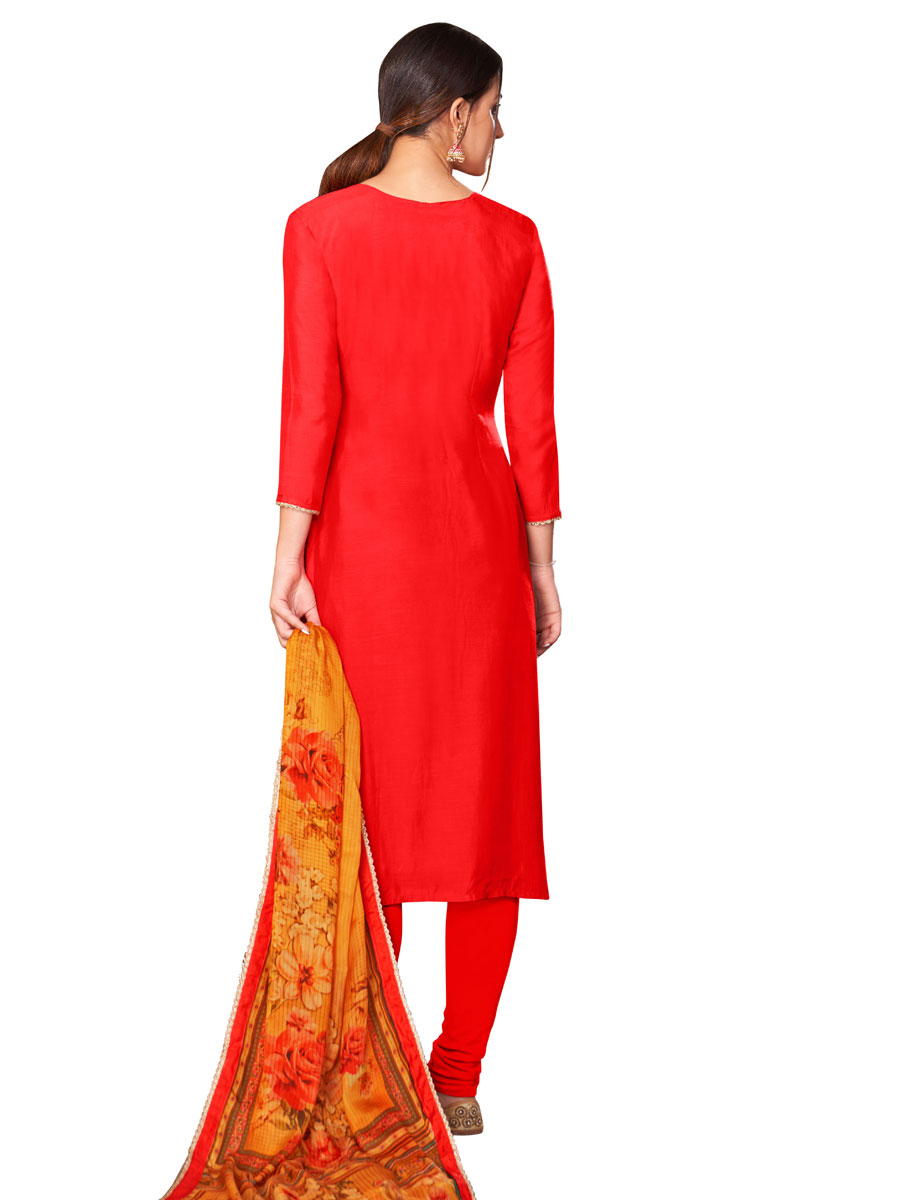 Red Chanderi Cotton Embroidered Party Churidar Pant Kameez