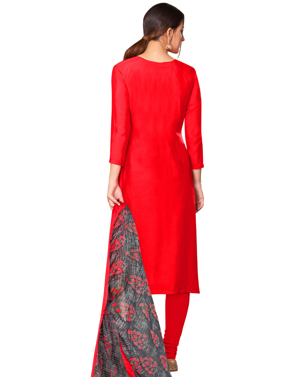 Red Chanderi Cotton Embroidered Party Churidar Pant Kameez