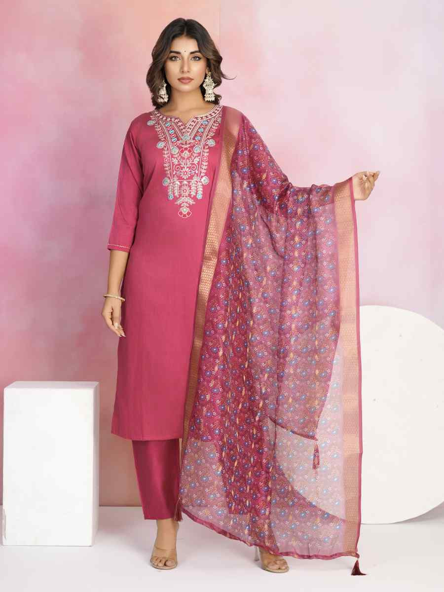 Red Chanderi Embroidered Festival Casual Ready Pant Salwar Kameez