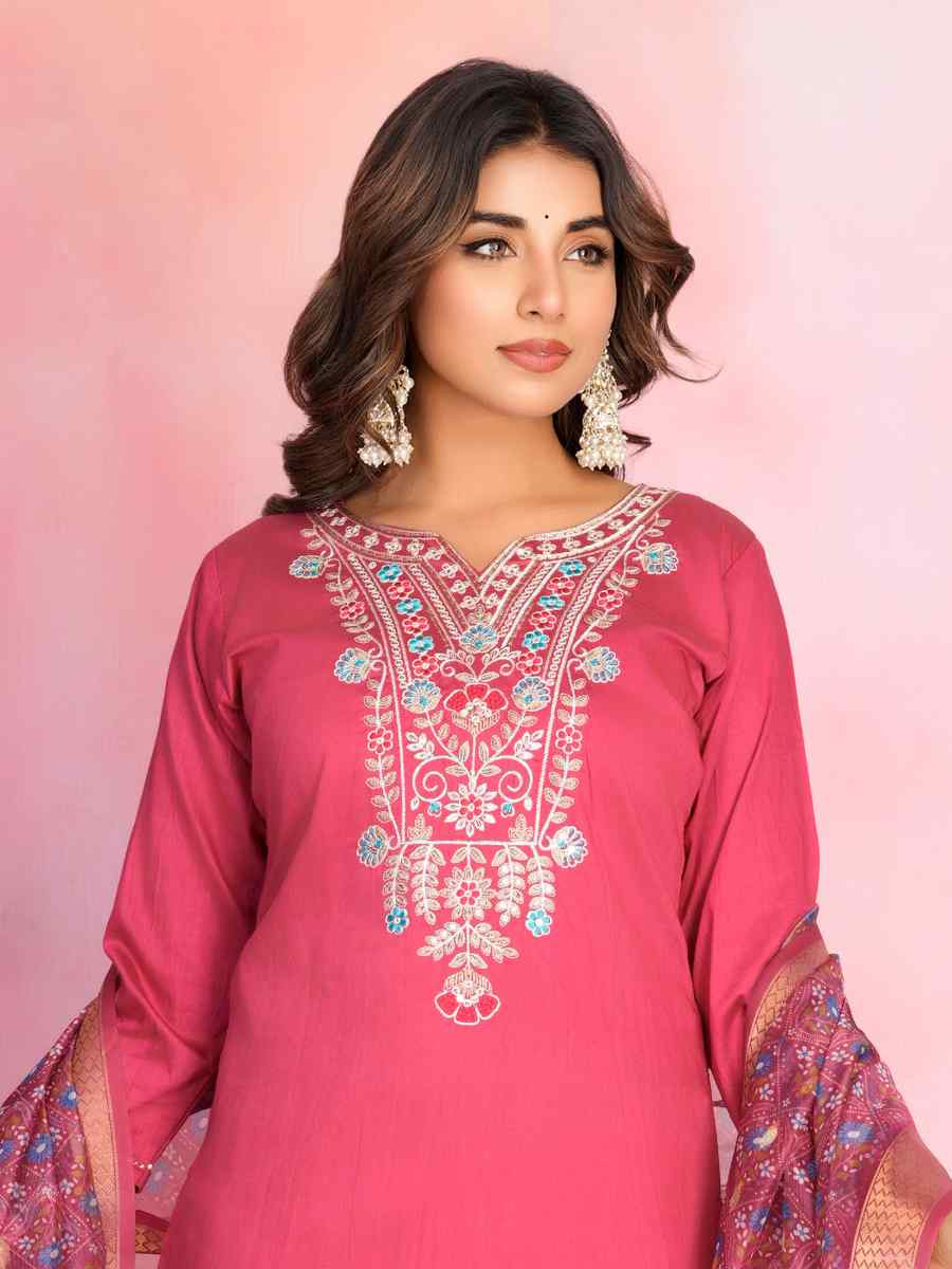 Red Chanderi Embroidered Festival Casual Ready Pant Salwar Kameez