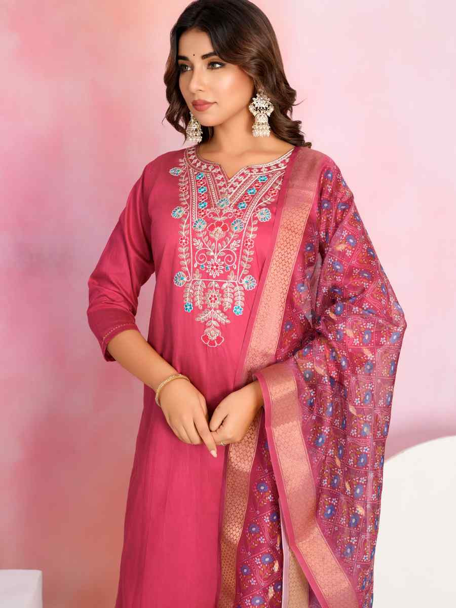 Red Chanderi Embroidered Festival Casual Ready Pant Salwar Kameez