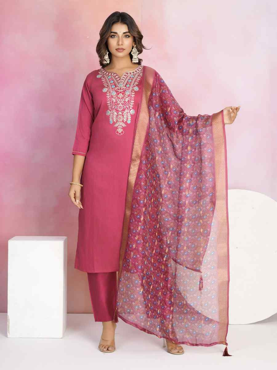 Red Chanderi Embroidered Party Wedding Ready Pant Salwar Kameez