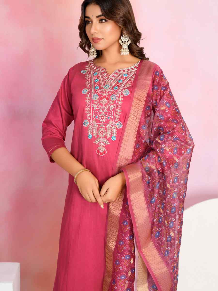 Red Chanderi Embroidered Party Wedding Ready Pant Salwar Kameez