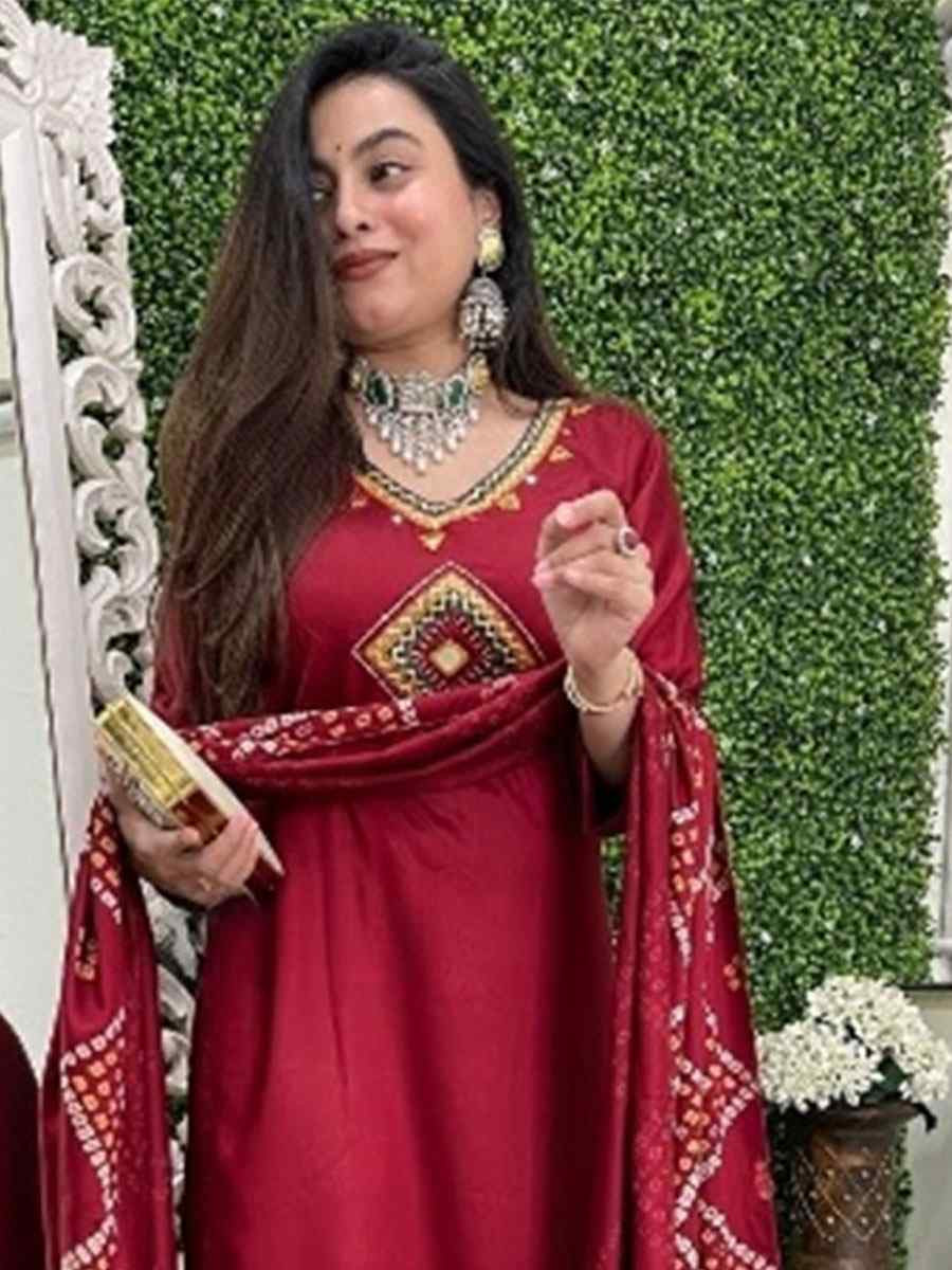 Red Chanderi Embroidery Party Wedding Festival Casual Ready Pant Salwar Kameez