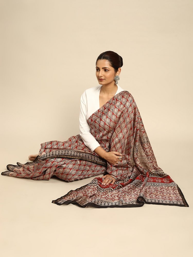 Red Chanderi Silk Printed Festival Casual Contemporary Sarees