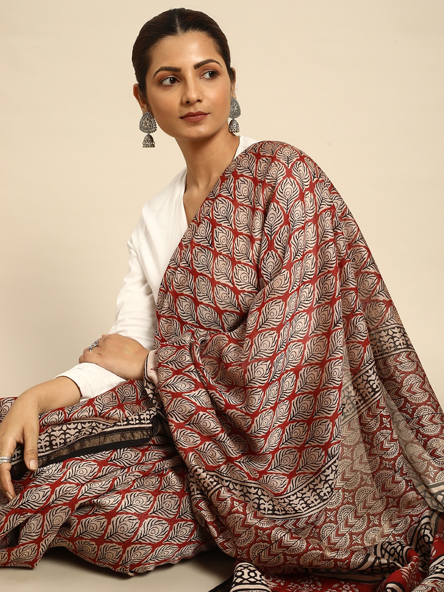 Red Chanderi Silk Printed Festival Casual Contemporary Sarees