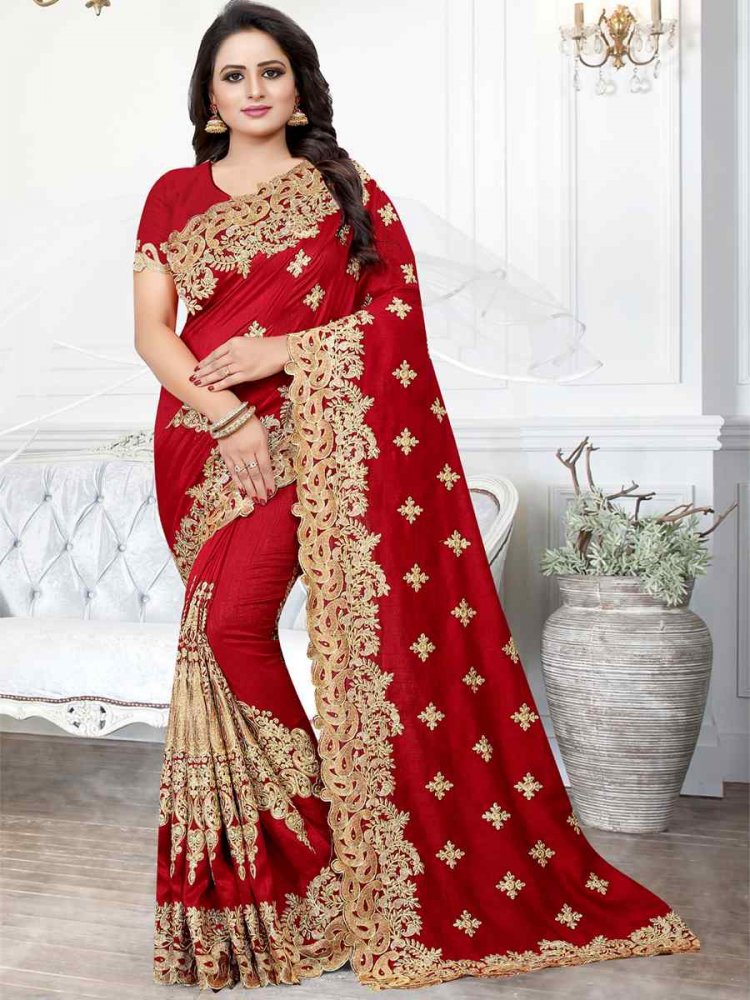 Red Cherry Silk Embroidered Wedding Festival Heavy Border Saree