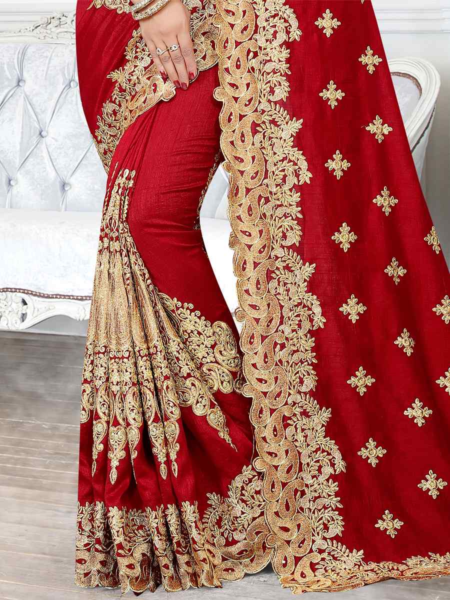 Red Cherry Silk Embroidered Wedding Festival Heavy Border Saree