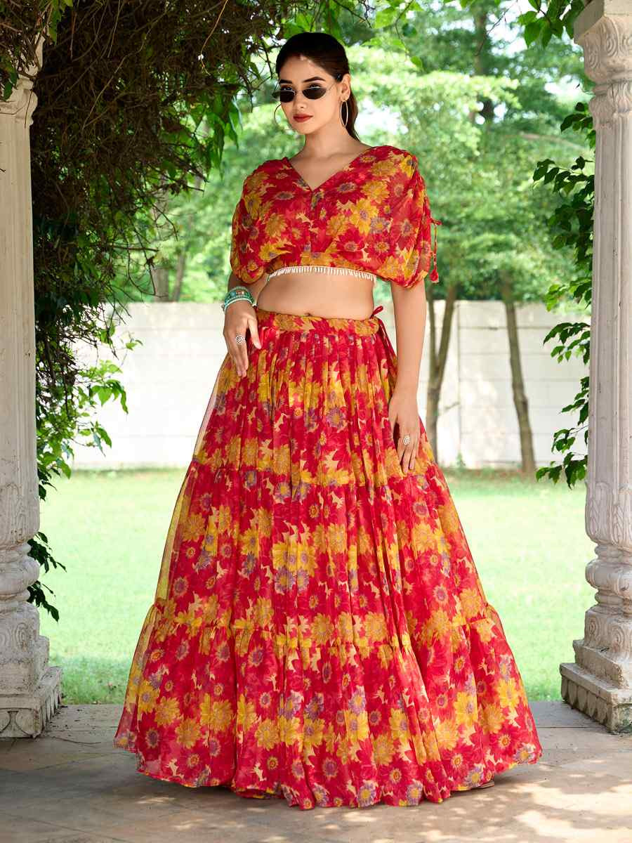 Red Chiffon Embroidered Festival Wedding Heavy Border Lehenga Choli