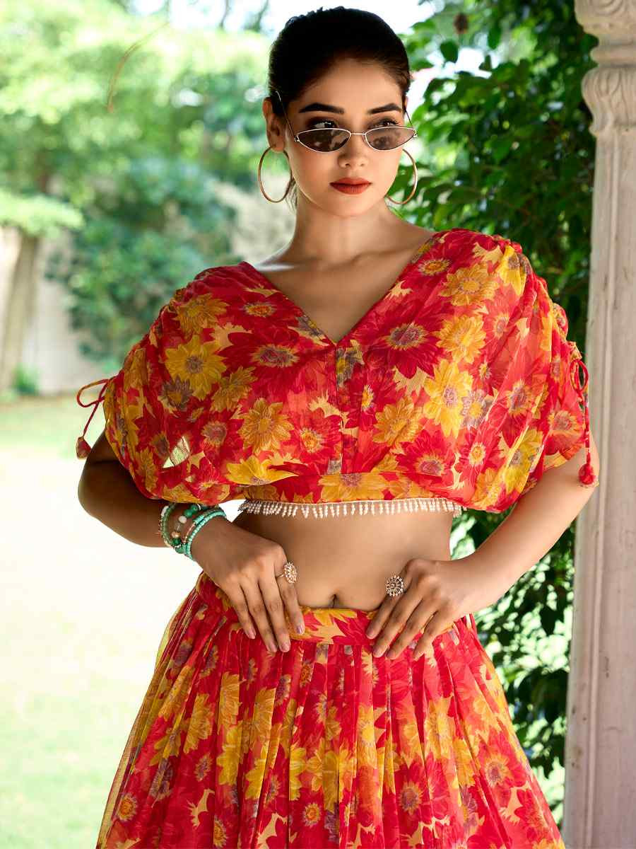 Red Chiffon Embroidered Festival Wedding Heavy Border Lehenga Choli