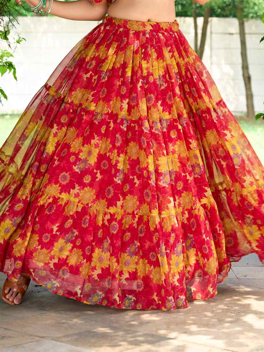 Red Chiffon Embroidered Festival Wedding Heavy Border Lehenga Choli